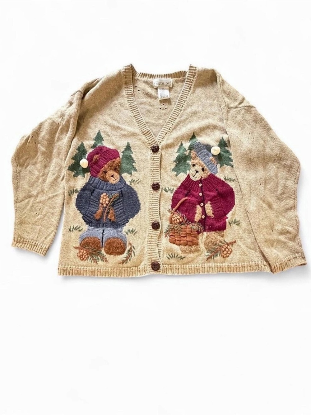 Mandal Bay Vintage Teddy Bear Pine Tree Button Front Cardigan Sweater Cardigan
